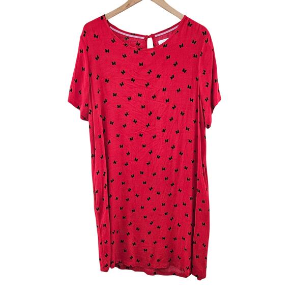 Disney Dresses & Skirts - Disney Minnie Mouse Red Crepe Mini Red Shift Dress Black Bow Print Women's Sz XL
